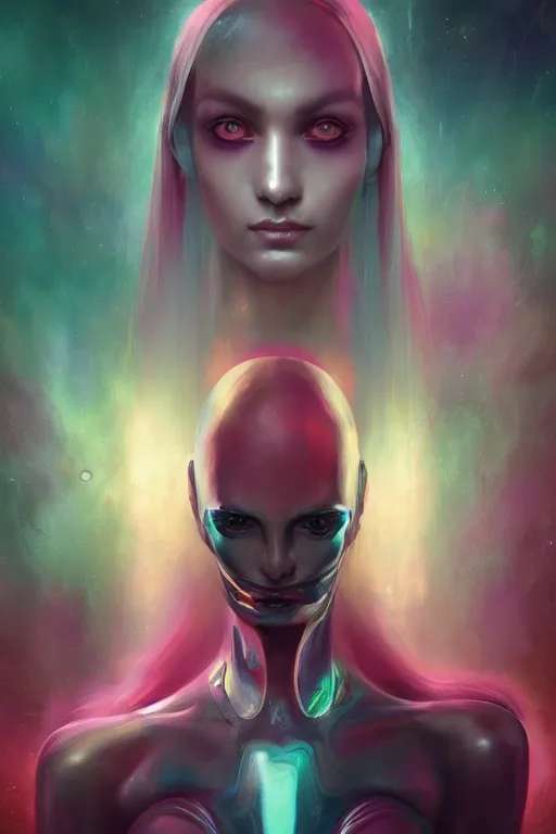 Image similar to digital portrait of an elegant alien queen, straight on, full body character concept art, concept art, by artgerm, tom bagshaw, gerald brom, vaporwave colors, lo fi colors, vaporwave, lo fi, 4 k, hd, rendered with substance designer, small details,