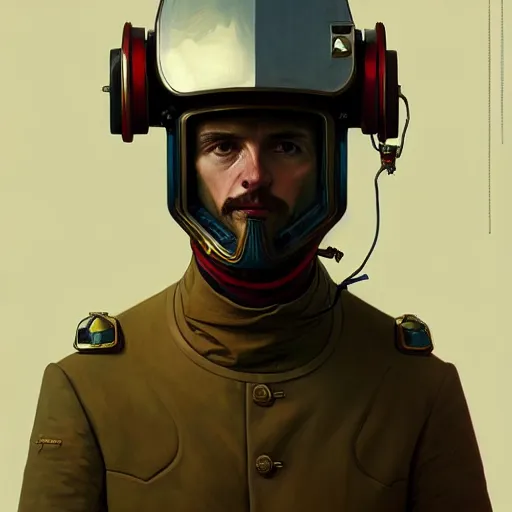 Image similar to portrait of a vicotrian engineer in suit with helmet by darek zabrocki and greg ruthkowski, alphonse mucha, simon stalenhag and cinematic and atmospheric, concept art, artstation, trending on artstation