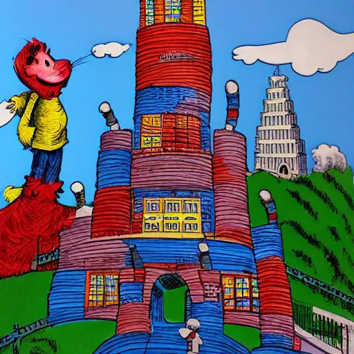 Prompt: building by dr seuss, with towers, bridges, stairs, childrens book