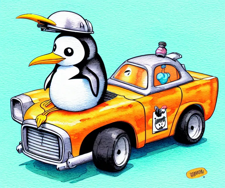 Image similar to cute and funny, penguin wearing a helmet riding in a tiny hot rod with an oversized engine, ratfink style by ed roth, centered award winning watercolor pen illustration, isometric illustration by chihiro iwasaki, edited by range murata, tiny details by artgerm and watercolor girl, symmetrically isometrically centered, sharply focused