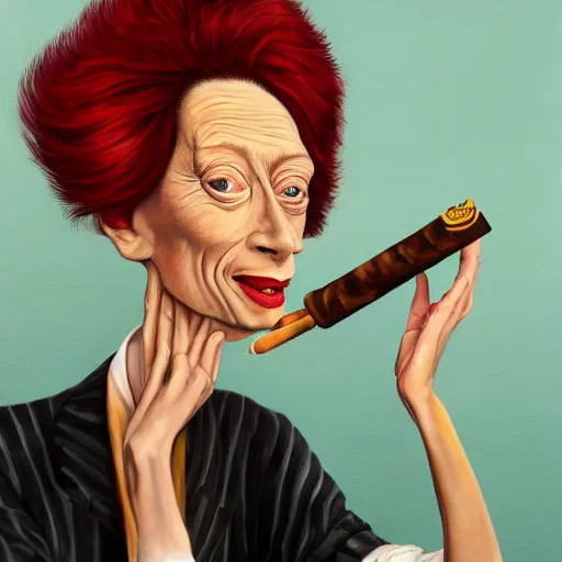 Prompt: an oil painted caricature of tilda swinton with a cuban cigar in her hand blowing out smoke, by salvador dalí, trending on art station, 4K, studio ghibli color scheme