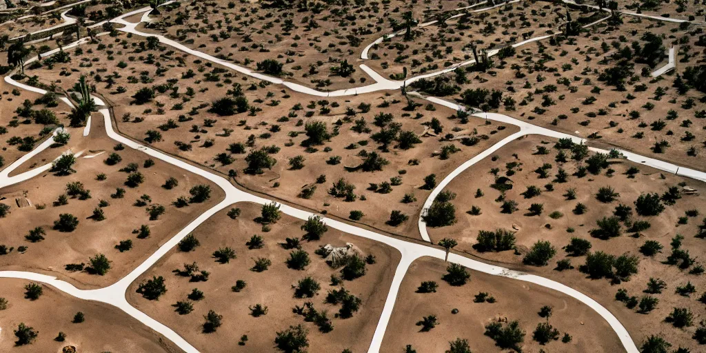 Prompt: Aerial Photo of nostalgic abandoned desert oasis, photo realistic, isometric, tilt shift, bokeh, award winning, trending, 8k, HD