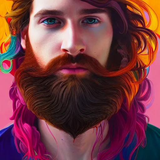 Prompt: Heartbreak, handsome, colorful, beard, long hair, male, dramatic lighting, detailed face, upper body, detailed, intricate, elegant, highly detailed, digital painting, artstation, concept art, smooth, sharp focus, detailed face, illustration, art by Sam Spratt, Dan Mumford, Artem Demura and Alphonse Mucha