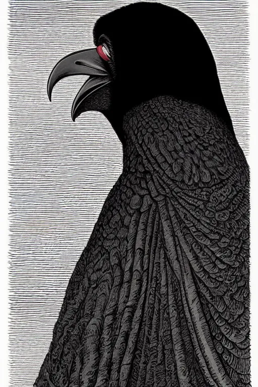 Prompt: a vibrant ultraclear sideview waist up portrait of raven wearing black cape hoodie by rene magritte, etching by gustave dore, by laurie greasley, colorful flat surreal, ethereal, intricate, sharp focus, illustration, highly detailed, digital painting, concept art, masterpiece