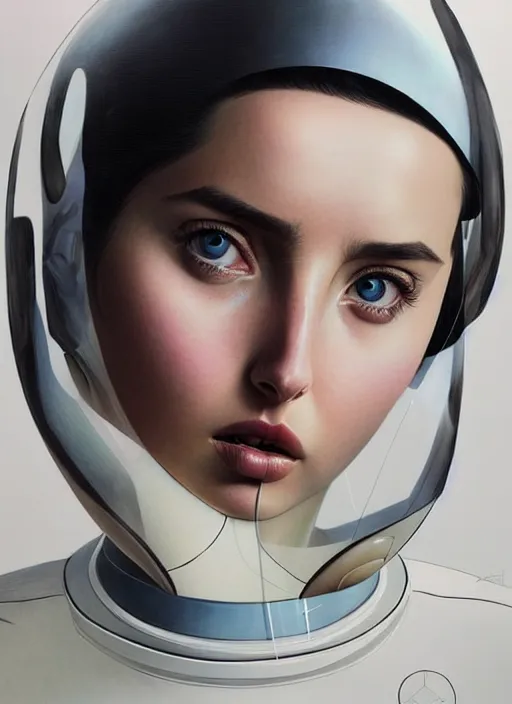 Image similar to artwork by james jean and Phil noto; a close up on the face of a beautiful woman that looks like Ana de armas in a future space suit; wearing futuristic astronaut helmet; highly detailed; pretty eyes; circular black pupils; artwork by james jean and Phil noto