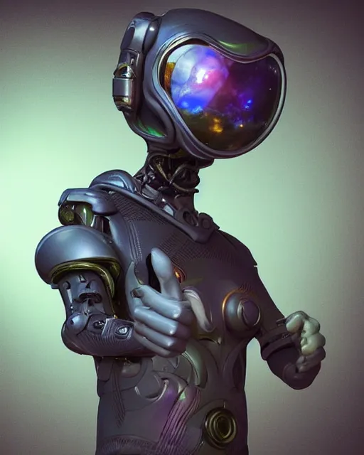 Prompt: close offset portrait with subject in bottom right corner looking at viewer. giving a thumbsup!!!!!! to the camera. smartphone photo. instagram. interdimensional cosmic traveler takes a selfie in front of a bizarre exotic anomaly. futuristic alien smooth exosuit designed by. octane cg render, hdr, volumetric. artgerm, beeple.