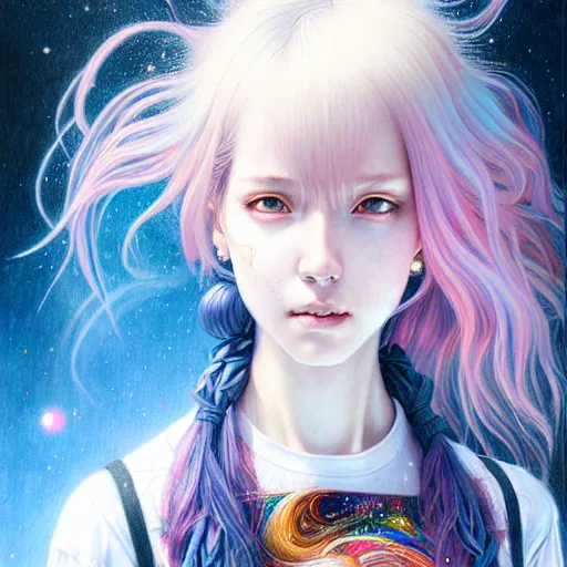 Image similar to a portrait of girl with rainbow hair white shirt, denim shorts, an ultrafine detailed painting by ayami kojima, cgsociety, fantasy, anime digital art, lovecraftian, cosmic horror, detailed painting