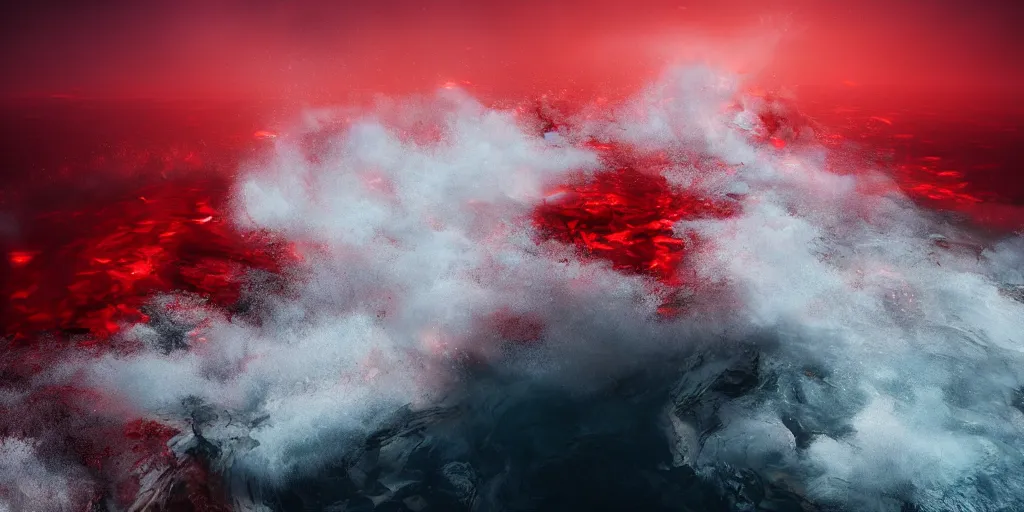 Image similar to a churning, boiling red sea with lots of smoky black and red steam, fantasy digital art, octane render, beautiful composition, trending on artstation, award-winning photograph, masterpiece