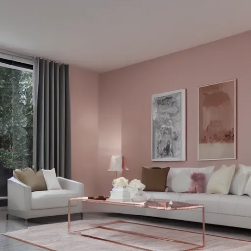 Prompt: 3 d render of white living room with rose gold metallic accents