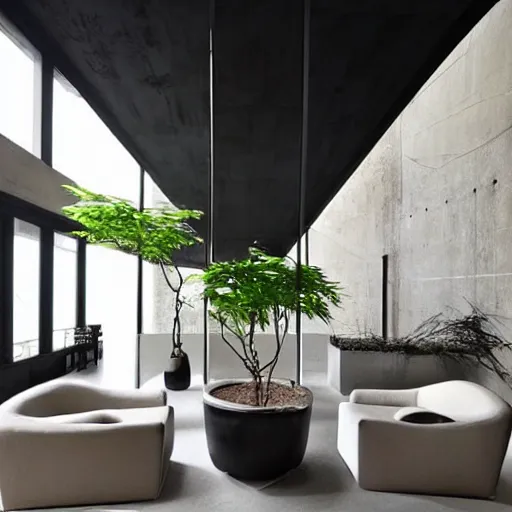 Prompt: “extravagant luxury apartment interior design, by Tadao Ando and Koichi Takada, contemporary art, black walls, potted plants, modern rustic”