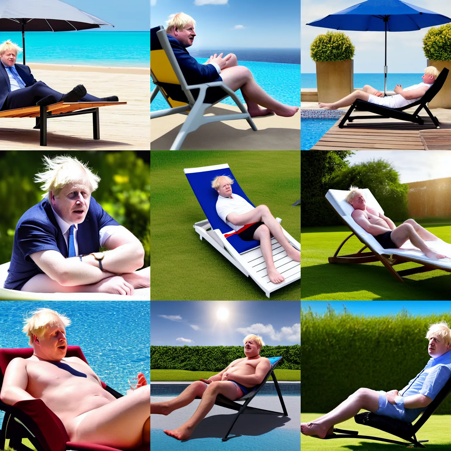 Prompt: Boris Johnson united kingdom prime minister sunbathing on a sun lounger, directed by Ridley Scott, photorealistic, 8k resolution, hyper detail