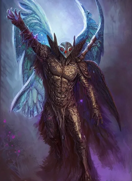 Prompt: mothman, ultra detailed fantasy, dndbeyond, bright, colourful, realistic, dnd character portrait, full body, pathfinder, pinterest, art by ralph horsley, dnd, rpg, lotr game design fanart by concept art, behance hd, artstation, deviantart, hdr render in unreal engine 5