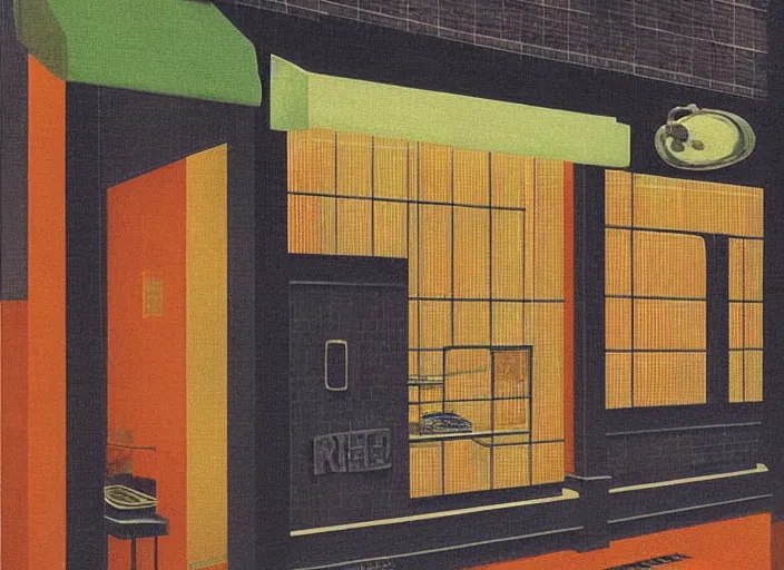 Prompt: exterior of an open cyberpunk ramen place during a rainy night by rene magritte