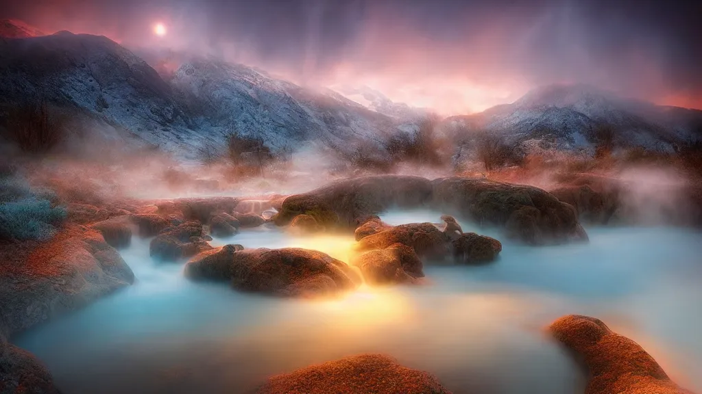 Image similar to amazing landscape photo of hot springs by marc adamus, beautiful dramatic lighting