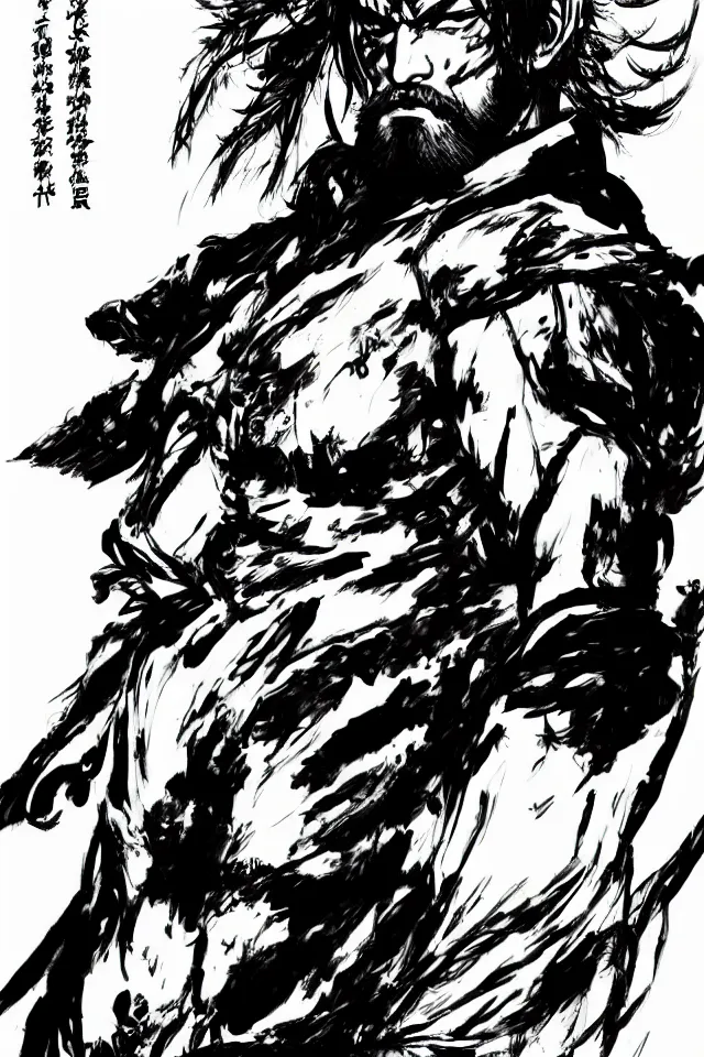 Image similar to a full - body portrait of guan yu, in yoji shinkawa's art style, metal gear solid art style, chinese caligraphy, highly detailed, 4 k, artistic, white background, b & w