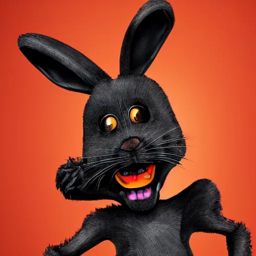 Image similar to A extremely highly detailed majestic hi-res beautiful, highly detailed head and shoulders portrait of a scary terrifying, horrifying, creepy black cartoon rabbit with scary big eyes, earing a shirt laughing, hey buddy, let's be friends, in the style of Walt Disney