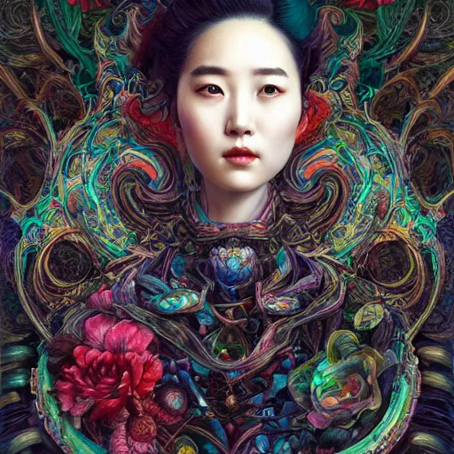 Image similar to portrait of liu yifei, hyper detailed masterpiece, neon floral pattern, jean giraud, digital art painting, darkwave goth aesthetic, psychedelic, artgerm, donato giancola and tom bagshaw