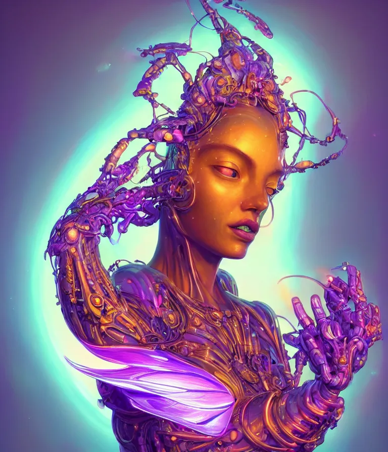 Image similar to iridescent portrait of the sunflower goddess. hard surface modelling. futuristic look. bio luminescent biomechanical halo around her head. neon lighting. artwork by jarold Sng by artgerm, by Eddie Mendoza, by Peter mohrbacher by tooth wu, unreal engine, octane render, cinematic light, high details, iridescent colours, dichroic, macro, 4l