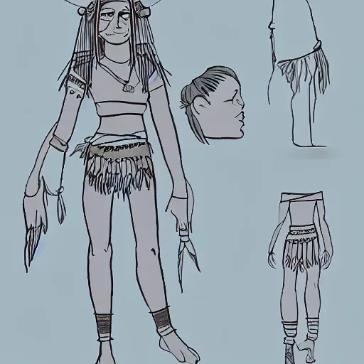 Prompt: native american girl, 2 d cartoon concept art model sheet