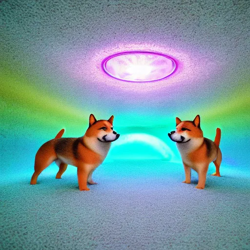 Image similar to two shiba inu in the psychedelic dmt fourth dimensional tunnel, octane 3 d render