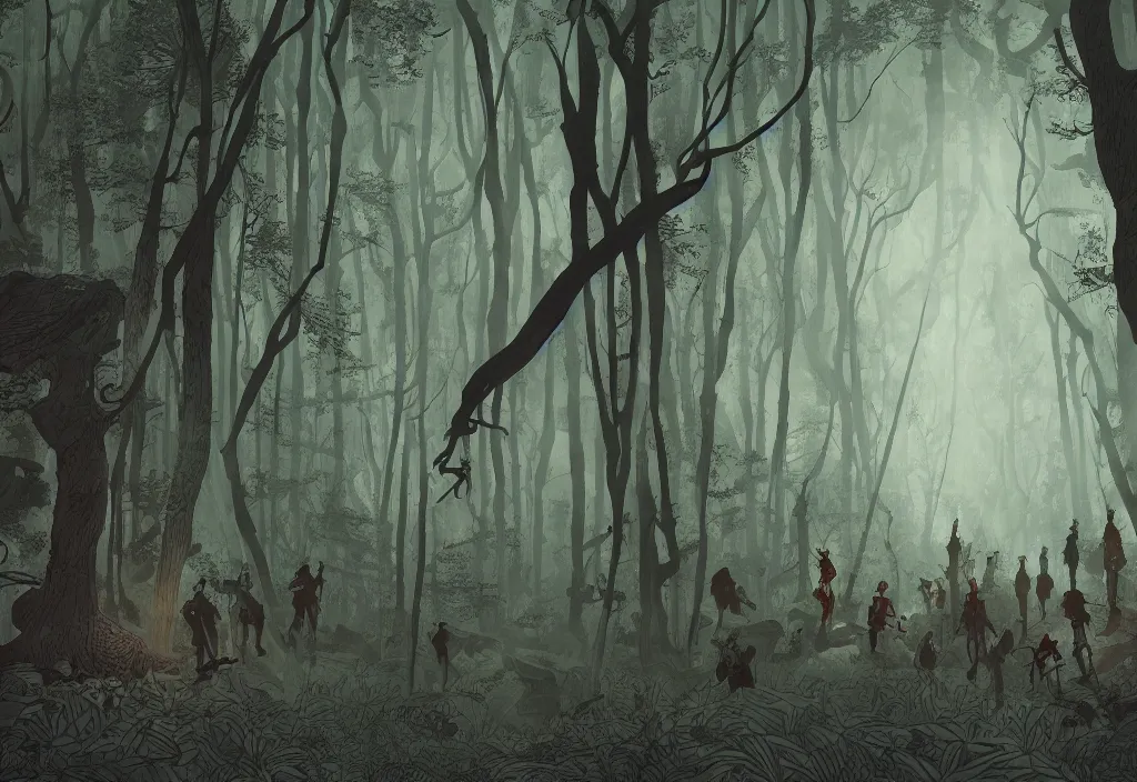 Image similar to handmade illustration of a big forest, line art, ink, some small silhouetted medieval men among the trees, watercolor by Kilian Eng and by Jake Parker, winning-award masterpiece, fantastic, octane render, 8K HD Resolution, High quality image