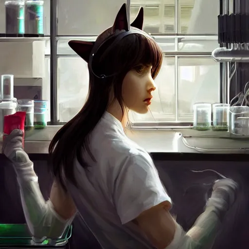 Image similar to girl with cat ears in a biology lab, by WLOP, by Artgerm, by Michael Garmash, by Rob Rey, digital art, trending on artstation, beautiful lightning, atmospheric, fantasy