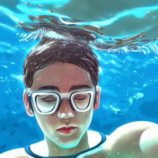 Image similar to painting of an underwater selfie from a brown haired male lifeguard. Kuvshinov ilya. Sakimichan.