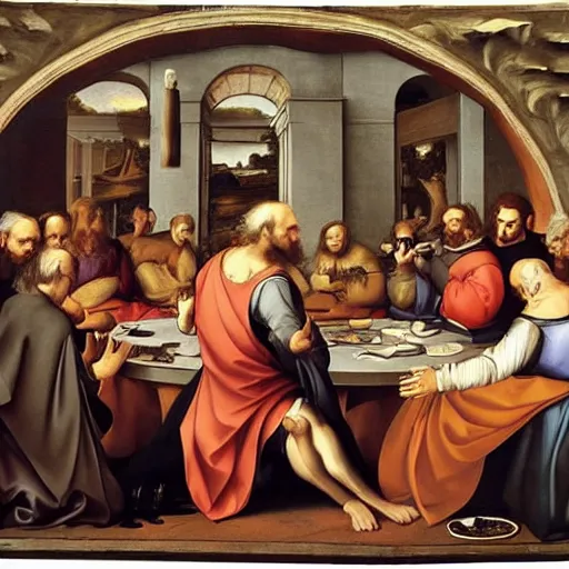 Prompt: renaissance painting of philosophers having a discussion with batman in the middle of a round table, soft colors,