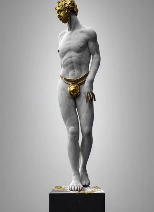 Prompt: a statue made of white marble with gold veins, of klay thompson and a bulldog, full body shot, perfect symmetrical body, perfect symmetrical face, hyper realistic, hyper detailed, by johannen voss, by peter kemp, by monia merlo, by michelangelo, by ernst haeckel, by alex grey, octane render, blender, 8 k