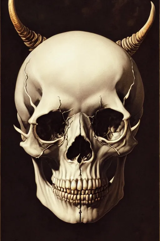 Image similar to human skull with horns and three eyes artists anatomy in the style of wayne barlowe, gustav moreau, goward, bussiere, roberto ferri, santiago caruso, luis ricardo falero, dali