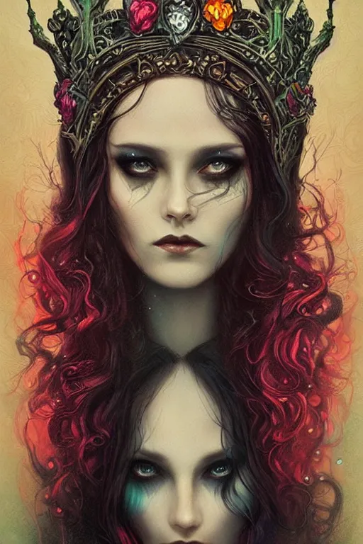 Image similar to jeweled Crown, other worldly, dark fae court, black roses, long black hair, black eyes, vivid colors, art nouveau, by Anato Finnstark, Tom Bagshaw, Brom