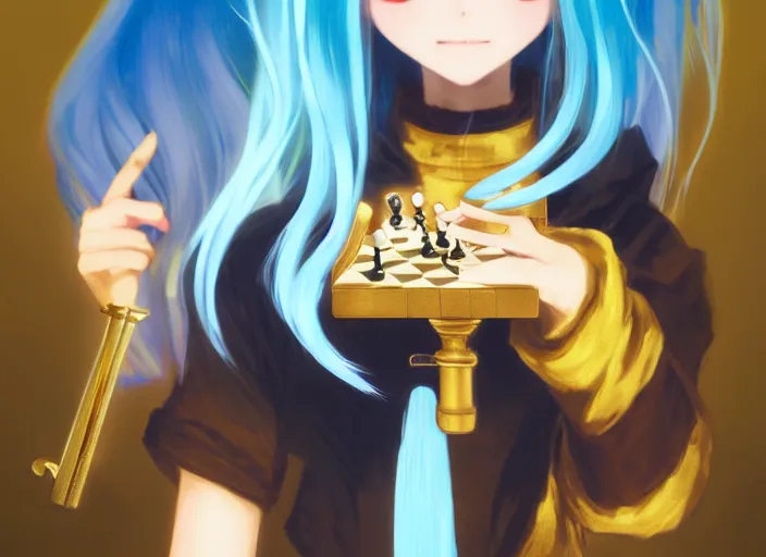 Image similar to rimuru playing chess, with gold eyes, straight hair, sky blue hair, long bangs, high collar, concept art, award winning photography, digital painting, cinematic, by wlop, anime key visual, wlop, 8 k, by ross tran, tom bagshaw, andy warhol