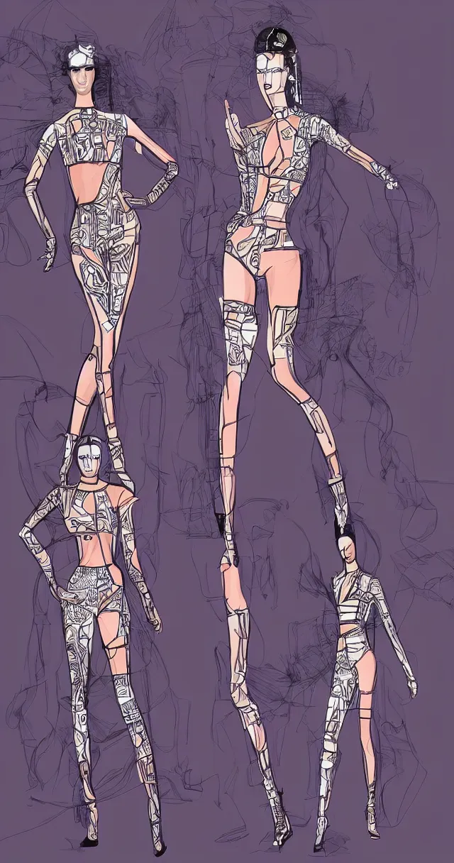 Prompt: futuristic fashion show, beautiful model, full body illustration, highly detailed,