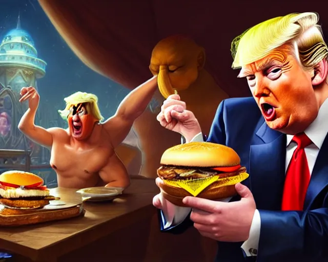 Image similar to donald trump licking a cheeseburger, deep focus, fantasy, intricate, highly detailed, digital painting, artstation, concept art, matte, sharp focus, illustration, hearthstone, art by artgerm and greg rutkowski and alphonse mucha