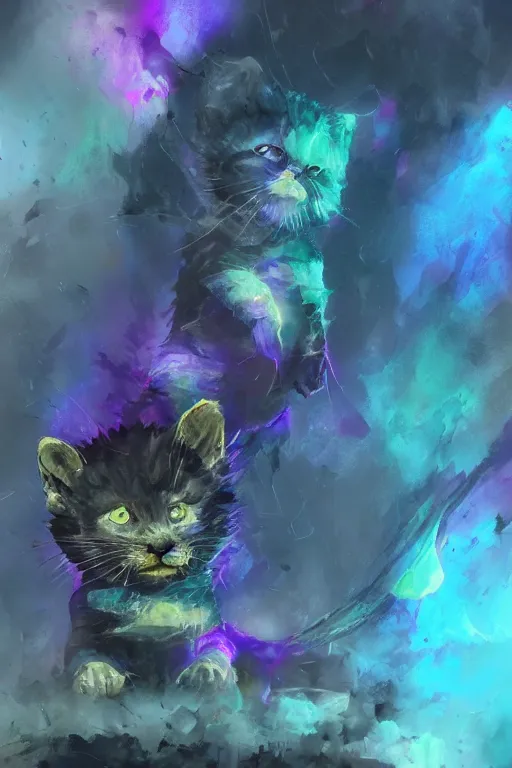 Image similar to ink acid shadow kitten, painted by erol otus and david thierree and dan adkins and john berkey, trending on artstation, volumetric lighting macro view muted colors, iridescent colors, dark academia, symbolism, brushwork