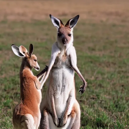 Image similar to a kangaroo and a very cute white rural dog photograph, high quality, award winning, National Geographic