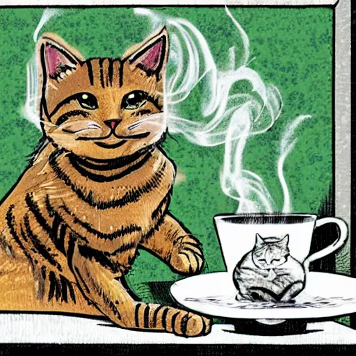 Image similar to tabby cat sitting next to a steaming cup of tea on a messy desk, in the background in a green garden on a rainy day, high contrast, dramatic lighting, graphic novel, art by Alan Davis and Michael Choi,