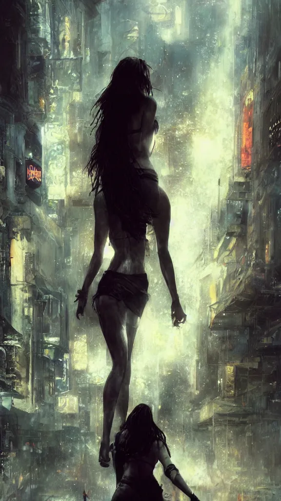 Image similar to bella thorne and megan fox, hyperrealistic full figure, bladerunner street, art of elysium by jeremy mann and frank frazetta, fantasy art, photo realistic, dynamic lighting, artstation, full figure poster, volumetric lighting, very detailed face, 4 k, award winning