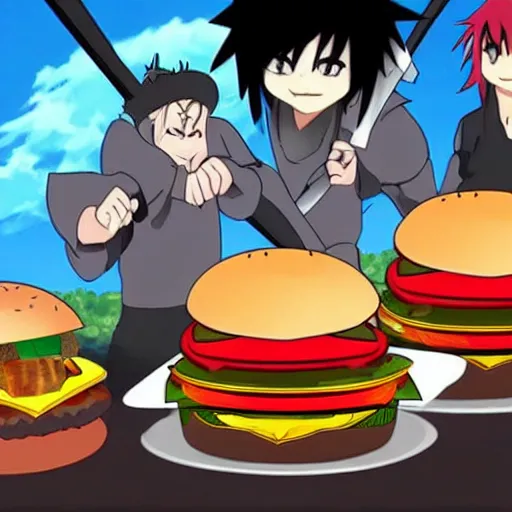 Image similar to a hamburger fighting in a war, anime, fight scene, epic,