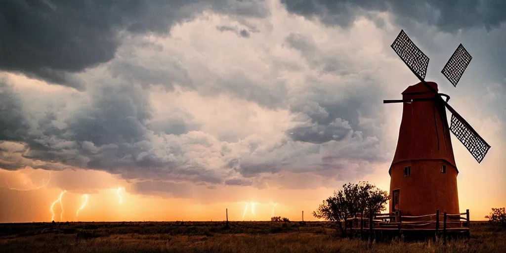 Image similar to photo of a stormy west texas sunset, perfect rustic windmill, film photo, lightning, golden hour, high quality, beautiful!!!