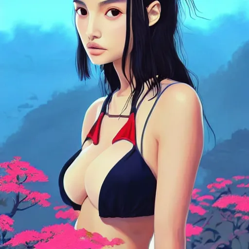 Image similar to a beautiful young japanese natalie portman alluring gravure model, stylized concept art, wearing elegant designer bomber jacket and one piece bikini, bomber jacket with mesoamerican patterns, mesoamerican native street fashion, princess mononoke, painted by ilya kuvshinov aesthetic, gorgeous, stunning, alluring, attractive, artstation, pinterest, digital art