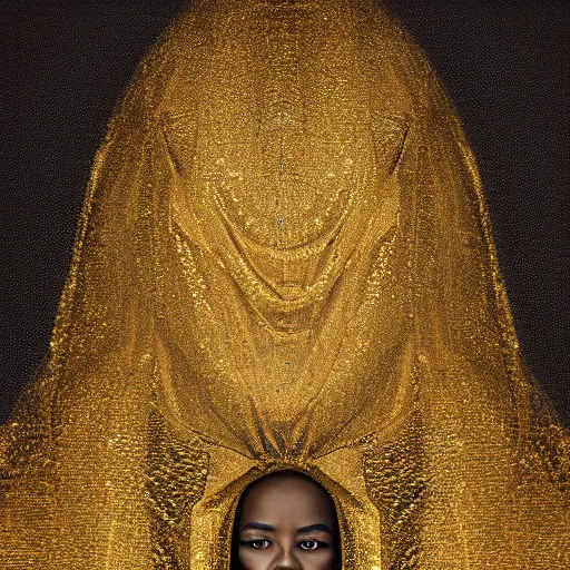 Image similar to a portrait of a young black woman wearing a long dark cloak, hood and shadows covering face, holding golden chains, oil painting, matte painting, black background, Volumetric Golden dappled dynamic lighting, Highly Detailed, Cinematic Lighting, Unreal Engine, 8k, HD, by Beksinski