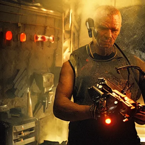 Image similar to gun made from old egg beater, balding older cyborg repairing, red hot soldering iron, dark messy smoke - filled cluttered workshop, dark, dramatic lighting, orange tint, cinematic, highly detailed, sci - fi, futuristic, movie still from blade runner