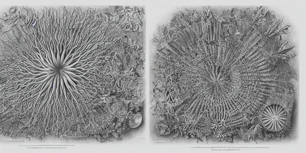 Image similar to Artwork by Ernst Haeckel of the cinematic view of a giant diatom forest.