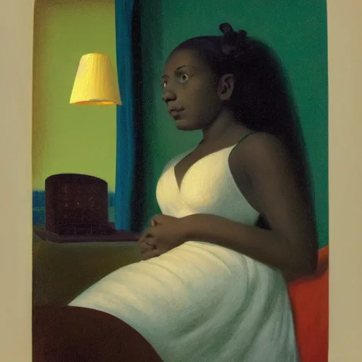 Image similar to a beautiful young black girl in a liminal hotel room, daguerreotype by edward hopper, by henri rousseau, by Bosch, art noveau, highly detailed, strong lights, liminal, eerie, Bright pastel colors, octane render, 8k,