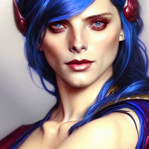 Image similar to Ashley Greene with blue hair as Scarlet Witch, western, D&D, fantasy, intricate, elegant, highly detailed, digital painting, artstation, concept art, matte, sharp focus, illustration, art by Artgerm and Greg Rutkowski and Alphonse Mucha