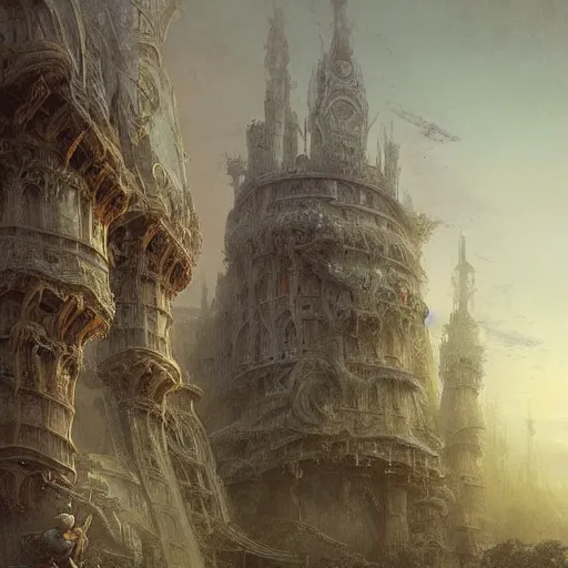 Prompt: Ellen Jewett, beautiful surreal palatial port at dawn, gustave dore, ferdinand knab, Mike Winkelmann