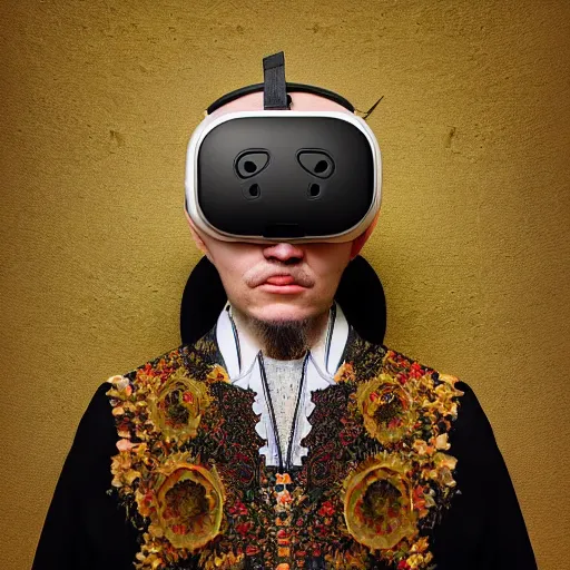 Prompt: Colour Caravaggio and mandelbulb 3d fractal style full body portrait Photography of Highly detailed Man wearing detailed Ukrainian folk costume designed by Taras Shevchenko with 1000 years perfect face wearing highly detailed retrofuturistic VR headset designed by Josan Gonzalez. Many details In style of Josan Gonzalez and Mike Winkelmann and andgreg rutkowski and alphonse muchaand and Caspar David Friedrich and Stephen Hickman and James Gurney and Hiromasa Ogura. Rendered in Blender and Octane Render volumetric natural light