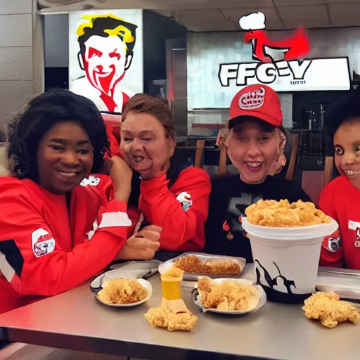 Image similar to the ghostbuster crew eating at kfc
