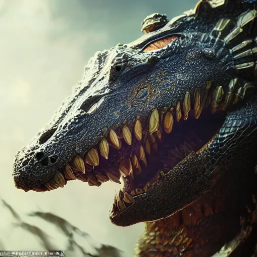 Prompt: An anthropomorphic alligator wearing magical infused armor, Character design, intricate artwork by Tooth Wu and greg rutkowski and artgerm, cinematic, hyper realism, high detail, octane render, unreal engine, 8k, Vibrant colors, Smooth gradients, High contrast, depth of field, aperture f2.8